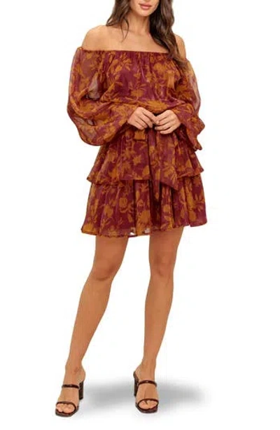 Flying Tomato Floral Off The Shoulder Long Sleeve Minidress In Burgundy