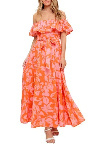 Flying Tomato Floral Off The Shoulder Short Sleeve Maxi Dress In Orange