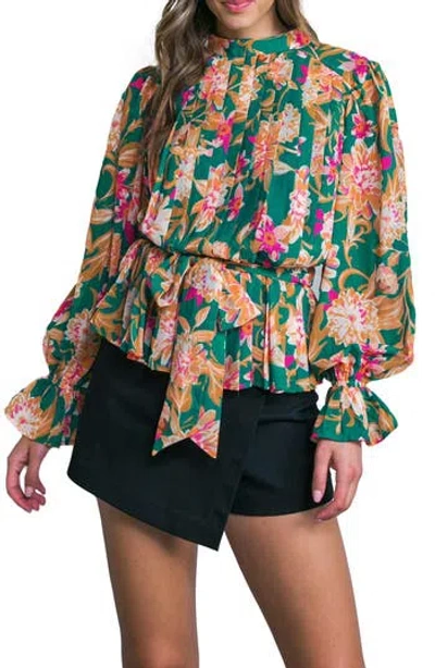 Flying Tomato Floral Pleated Long Sleeve Tie Waist Peplum Top In Green