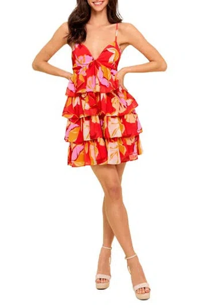 Flying Tomato Floral Plunge Neck Minidress In Red