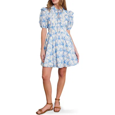 Flying Tomato Floral Print Collared Dress In Off White/blue