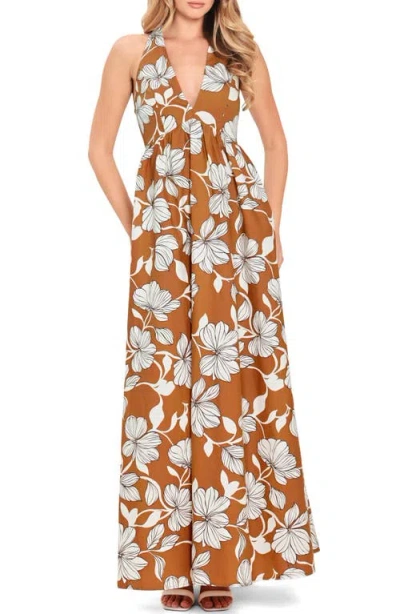 Flying Tomato Floral Print Halter Midi Dress In Brown