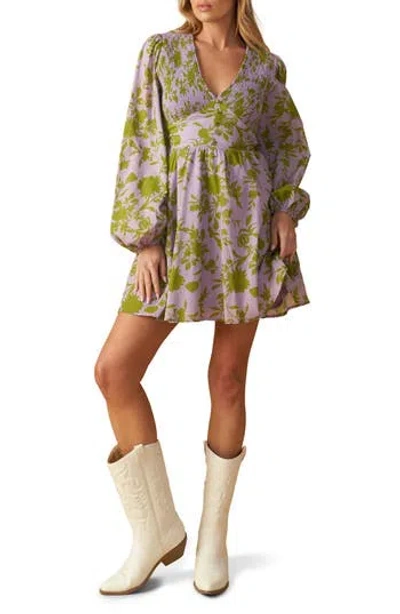 Flying Tomato Floral Print Long Sleeve Babydoll Dress In Lavender