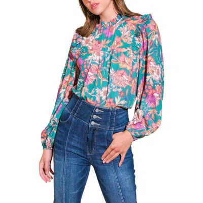 Flying Tomato Floral Print Mock Neck Top In Teal
