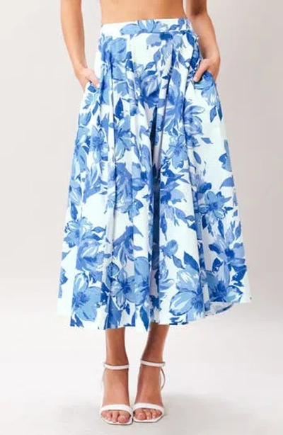 Flying Tomato Floral Print Pleated Cotton Twill Midi Skirt In Blue