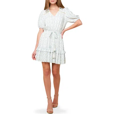 Flying Tomato Floral Puff Sleeve Fit & Flare Minidress In Ivory Blue
