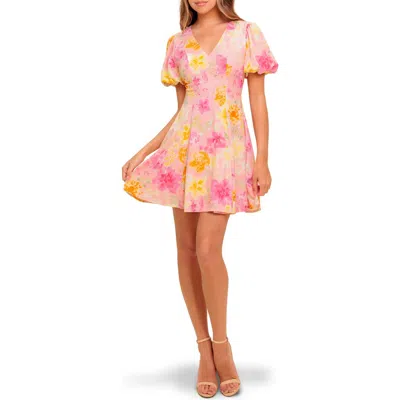 Flying Tomato Floral Puff Sleeve Linen Minidress In Pink