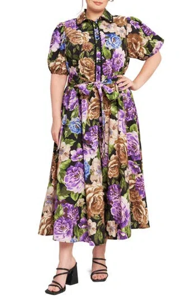 Flying Tomato Floral Puff Sleeve Midi Shirtdress In Multi