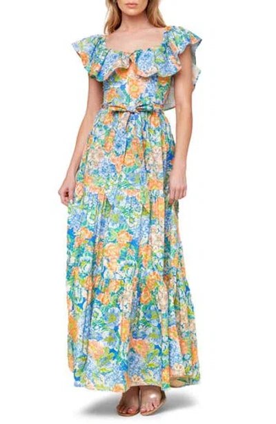 Flying Tomato Floral Ruffle Cap Sleeve Cotton Maxi Dress In Coral/powder Blue