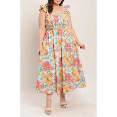 Flying Tomato Floral Ruffle Strap Cotton Fit & Flare Maxi Dress In Pink