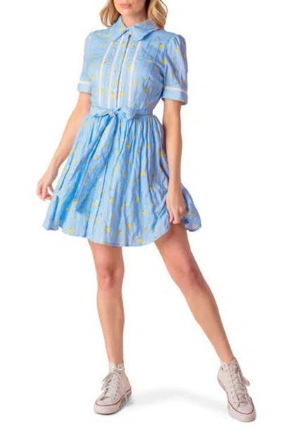 Flying Tomato Floral Short Sleeve Fit & Flare Cotton Shirtdress In Blue