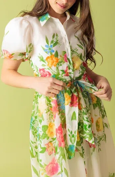 Flying Tomato Floral Short Sleeve Midi Shirtdress In Ivory