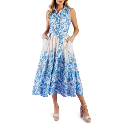 Flying Tomato Floral Sleeveless Belted Shirtdress In Blue