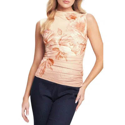 Flying Tomato Floral Sleeveless Ruched Mesh Top In Orange