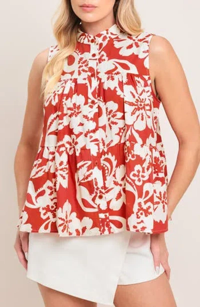 Flying Tomato Floral Sleeveless Tiered Button-up Shirt In Red