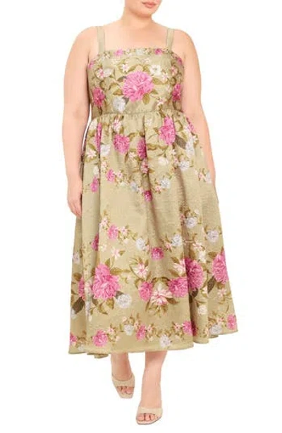 Flying Tomato Floral Square Neck Midi Dress In Tan