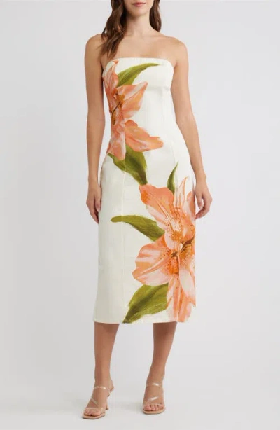 Flying Tomato Floral Strapless Stretch Cotton Sheath Dress In Neutral
