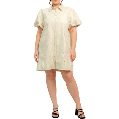 Flying Tomato Floral Textured Puff Sleeve Cotton Shirtdress In White