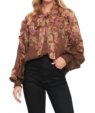 Flying Tomato Floral Tie Neck Blouse In Brown
