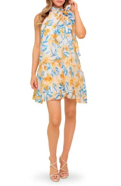 Flying Tomato Floral Tie Neck Sleeveless Trapeze Dress In Blue/ Ivory