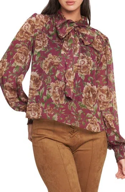 Flying Tomato Floral Tie Neck Top In Burgundy