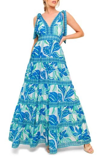Flying Tomato Floral Tie Shoulder Maxi Dress In Blue