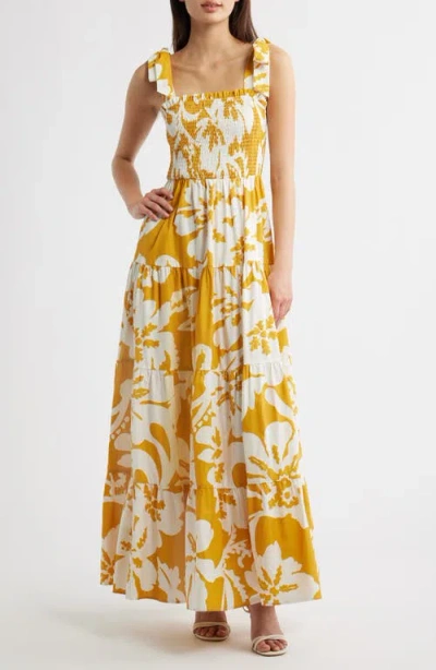 Flying Tomato Floral Tie Shoulder Tiered Maxi Dress In Yellow