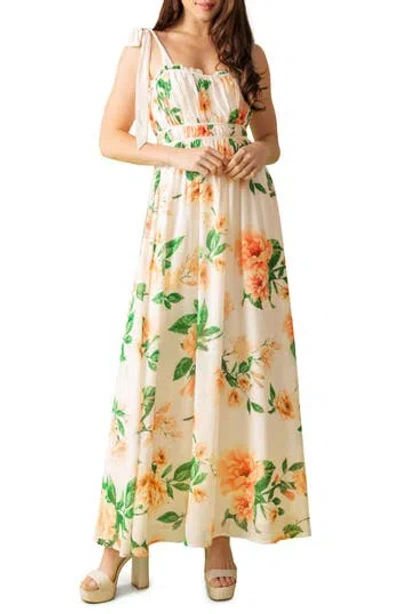 Flying Tomato Floral Tie Strap Maxi Dress In Ivory/peach