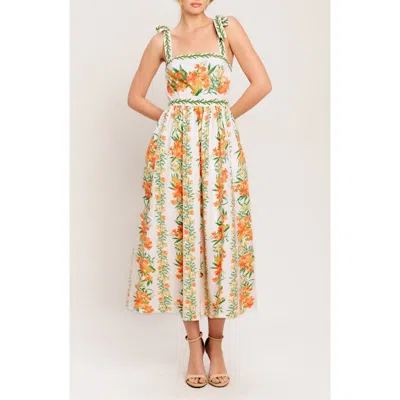 Flying Tomato Floral Tie Strap Midi Sundress In Ivory Multi Floral