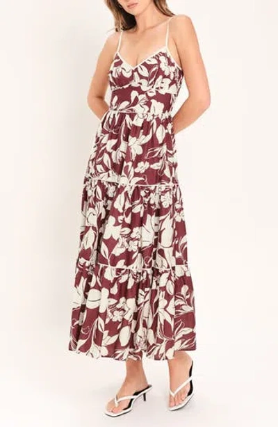 Flying Tomato Floral Tiered Cotton Midi Dress In Maroon