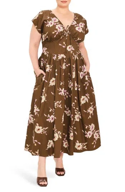 Flying Tomato Floral V-neck Midi Dress In Brown Floral
