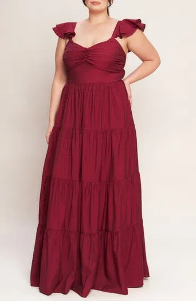 Flying Tomato Flutter Cap Sleeve Tiered Maxi Dress In Red