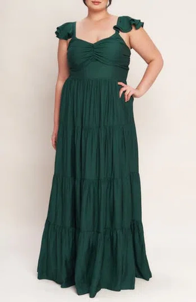 Flying Tomato Flutter Cap Sleeve Tiered Maxi Dress In Green