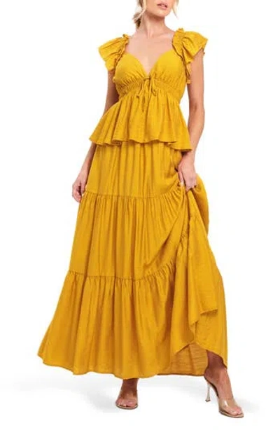Flying Tomato Flutter Sleeve Peplum Maxi Dress In Yellow