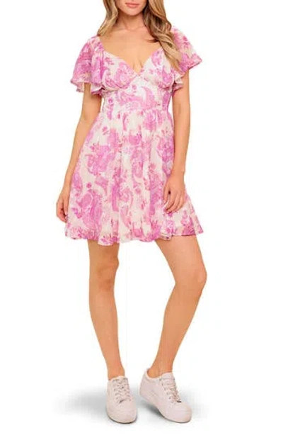 Flying Tomato Flutter Sleeve Print Midi Dress In Pink