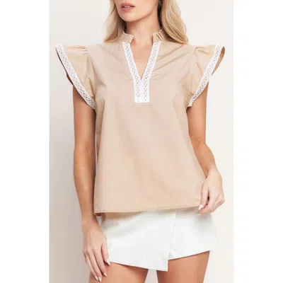 Flying Tomato Flutter Sleeve Woven Top In Neutral