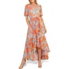 Flying Tomato Flutter Sleeve Wrap Style Dress In Sky Blue/salmon