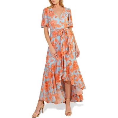 Flying Tomato Flutter Sleeve Wrap Style Dress In Sky Blue/salmon