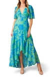 Flying Tomato Flutter Sleeve Wrap Style Midi Dress In Green Blue