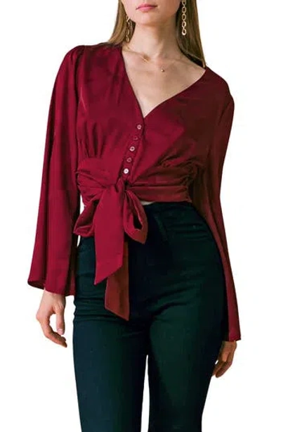 Flying Tomato Front Tie Long Sleeve Satin Top In Burgundy