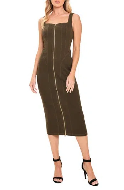 Flying Tomato Front Zip Denim Body-con Dress In Olive