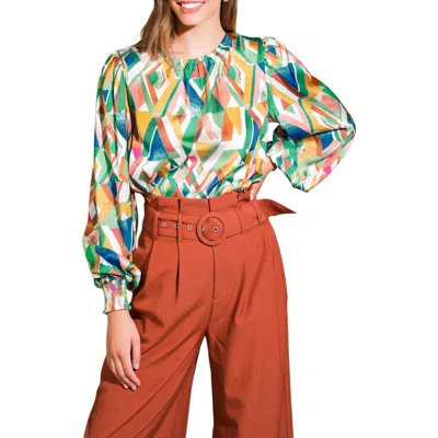 Flying Tomato Geometric Print Long Sleeve Top In Sage Mustard