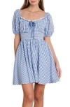 Flying Tomato Gingham Puff Sleeve Minidress In Ivory Blue