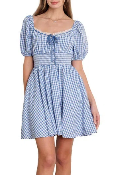 Flying Tomato Gingham Puff Sleeve Minidress In Ivory Blue