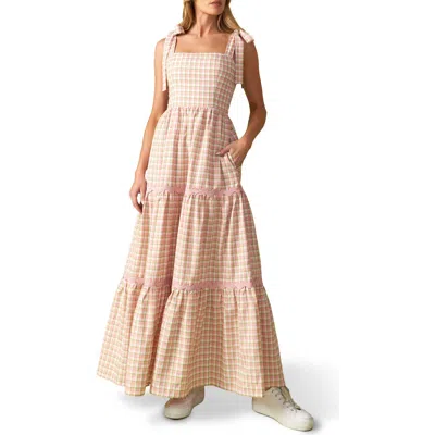 Flying Tomato Gingham Tiered Midi Dress In Green Pink