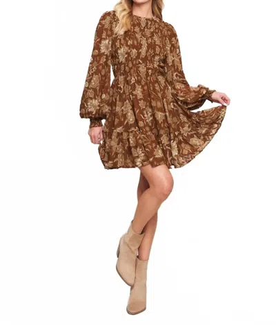 Flying Tomato Golden Meadow Smocked Mini Dress In Brown In Burgundy