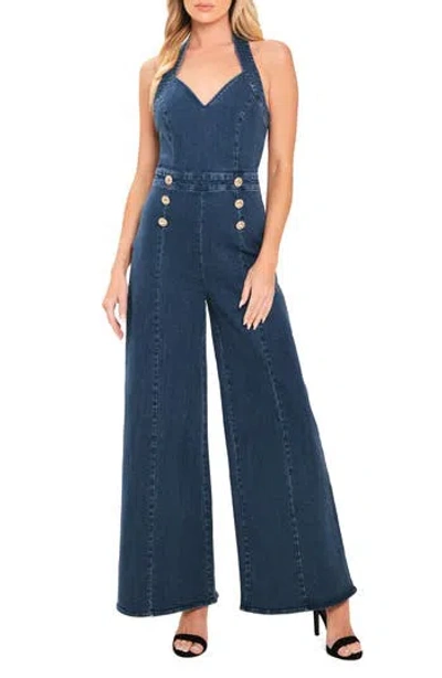 Flying Tomato Halter Neck Wide Leg Denim Jumpsuit In Medium Indigo