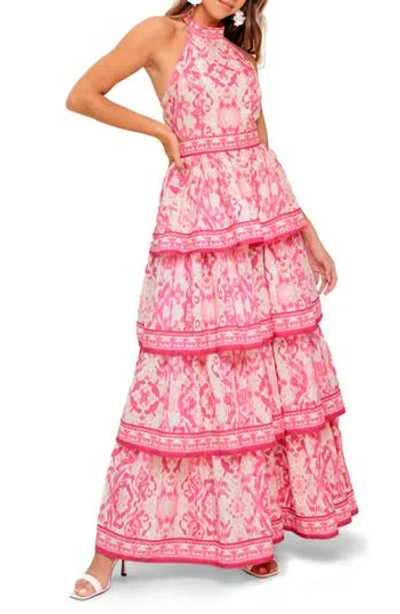 Flying Tomato Ikat Tiered Halter Maxi Dress In Pink