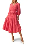 Flying Tomato Long Sleeve Faux Wrap Midi Dress In Red