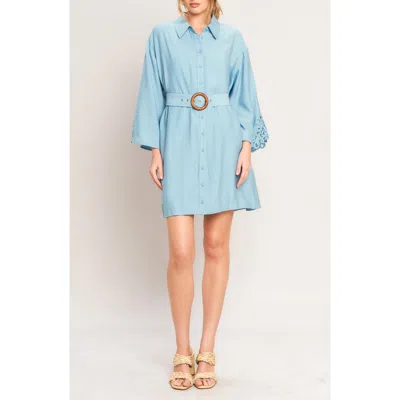 Flying Tomato Lace Panel Long Sleeve Belted Shirtdress In Blue